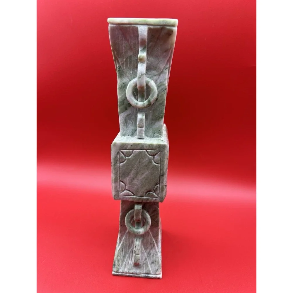 Vintage Pale Green Carved Jadeite Ring Handle Vase 10.25